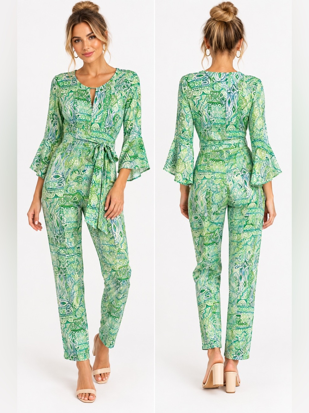 Green Patterned One-Piece jumpsuit Tie Waist